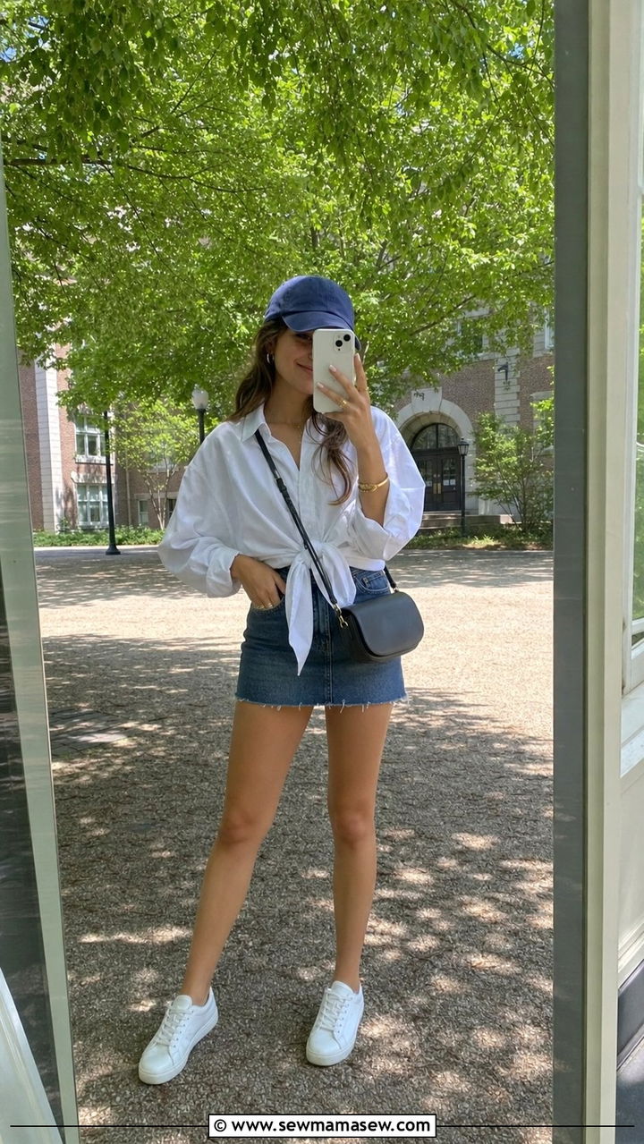 Button Down Shirt with Denim Mini Skirt and Sneakers - 25 summer button down shirt outfit ideas