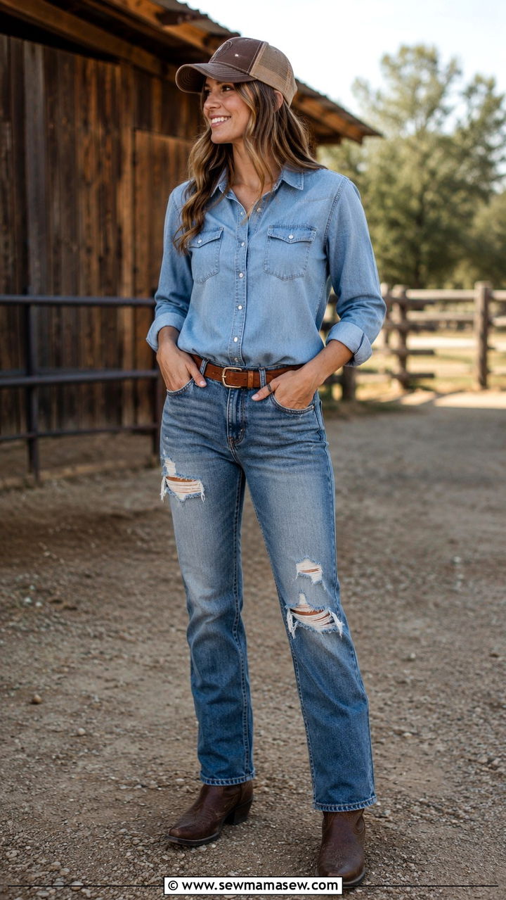 Button Down Shirt with Distressed Jeans and Boots - 30 Luke Combs concert outfit ideas