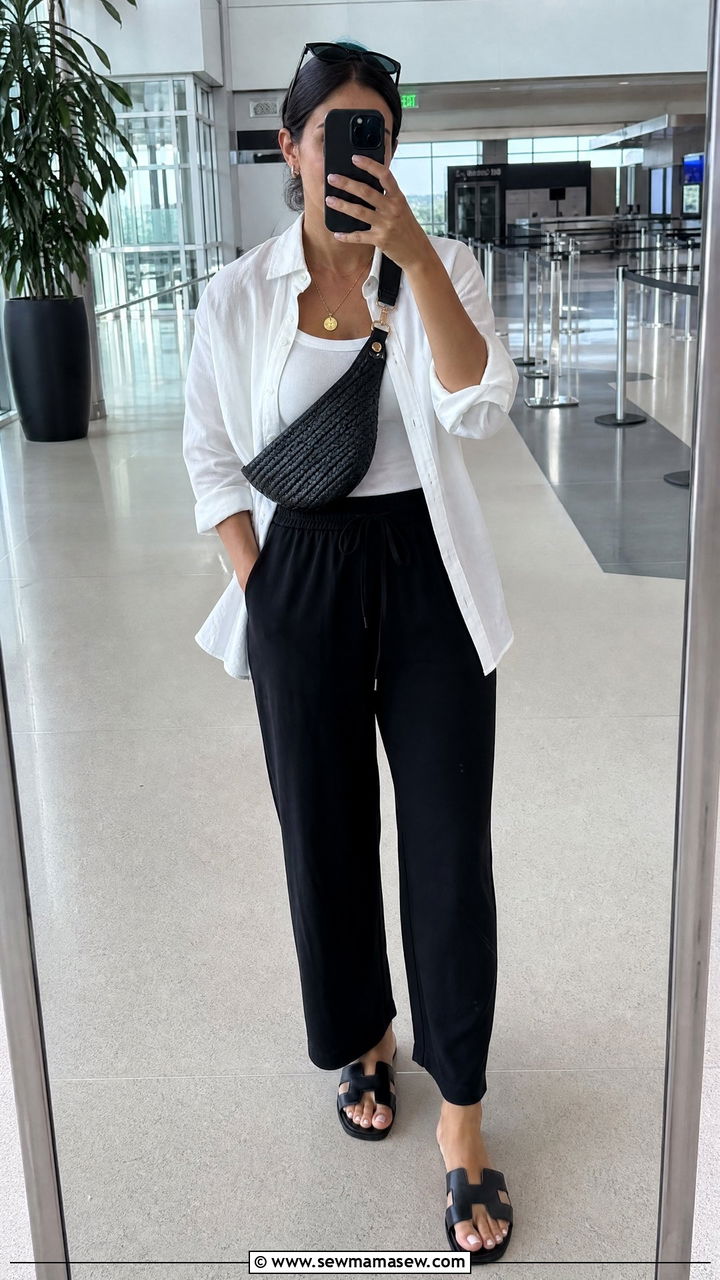Button Down Shirt with Drawstring Lounge Pants - 25 Loungewear outfit ideas for travel