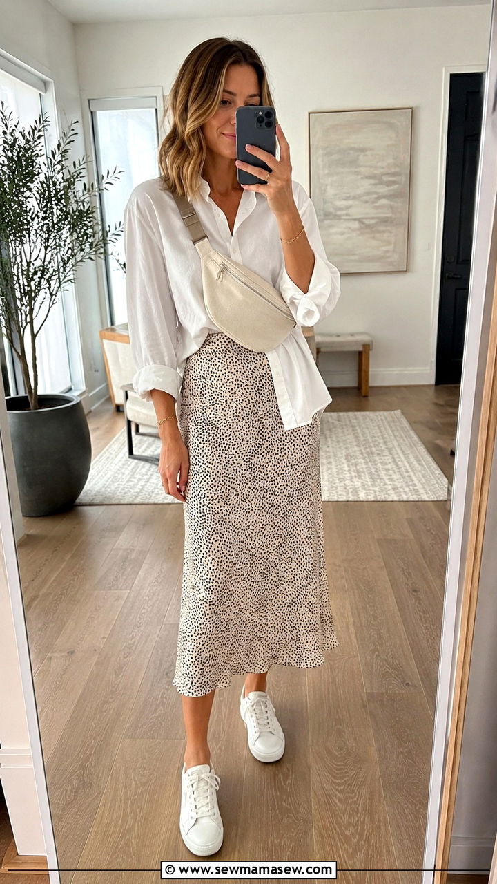 Button Down Shirt with Midi Skirt 50F - 20 Summer outfits for 50 degree weather