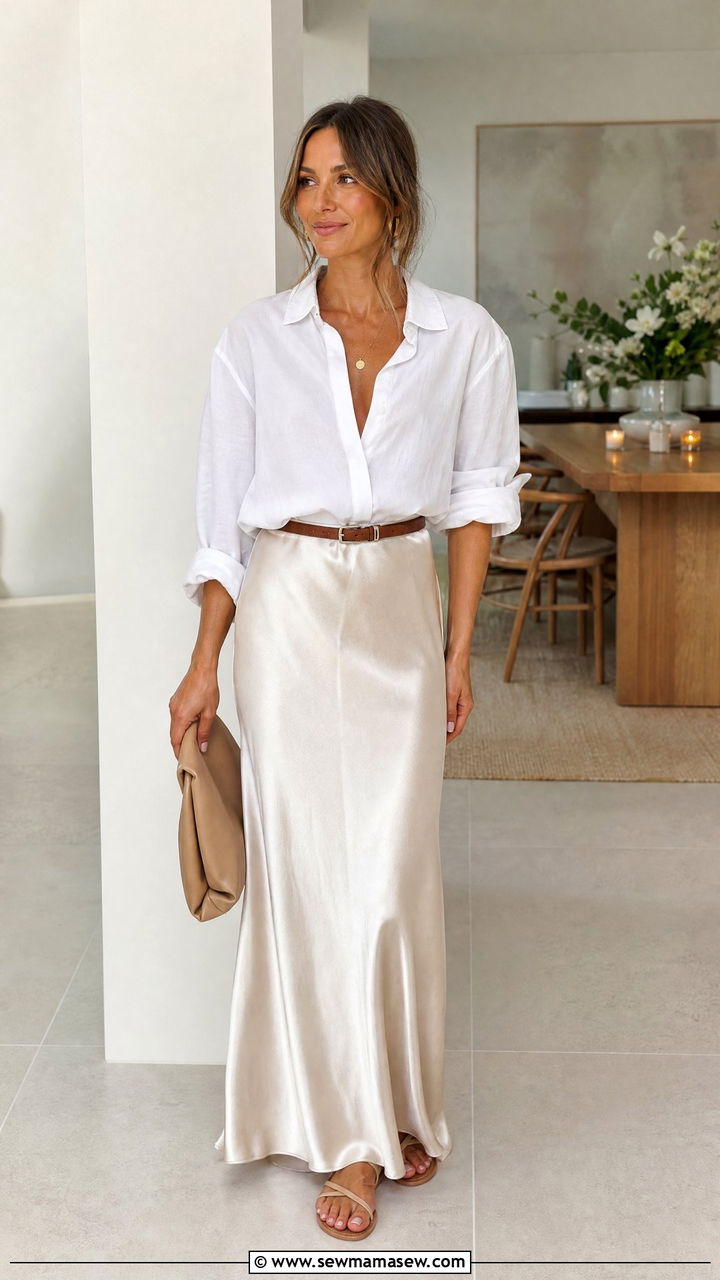 Button Down Shirt with Satin Maxi Skirt - 25 Host outfit ideas for dinner party