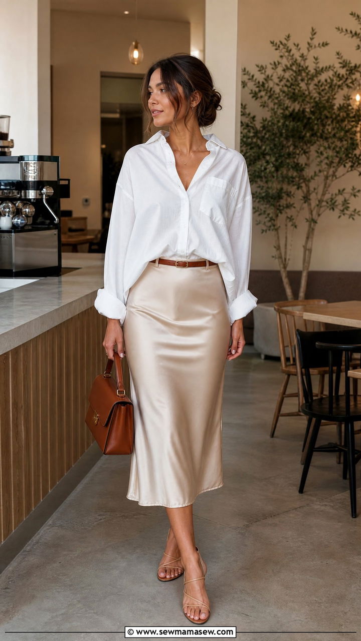 Button Down Shirt with Satin Midi Skirt - 25 Late summer early fall outfits