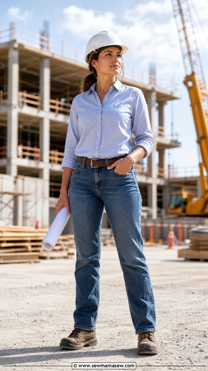 Button Down Shirt with Straight Leg Work Jeans and Steel Toe Boots - 30 Construction site outfit ideas for women