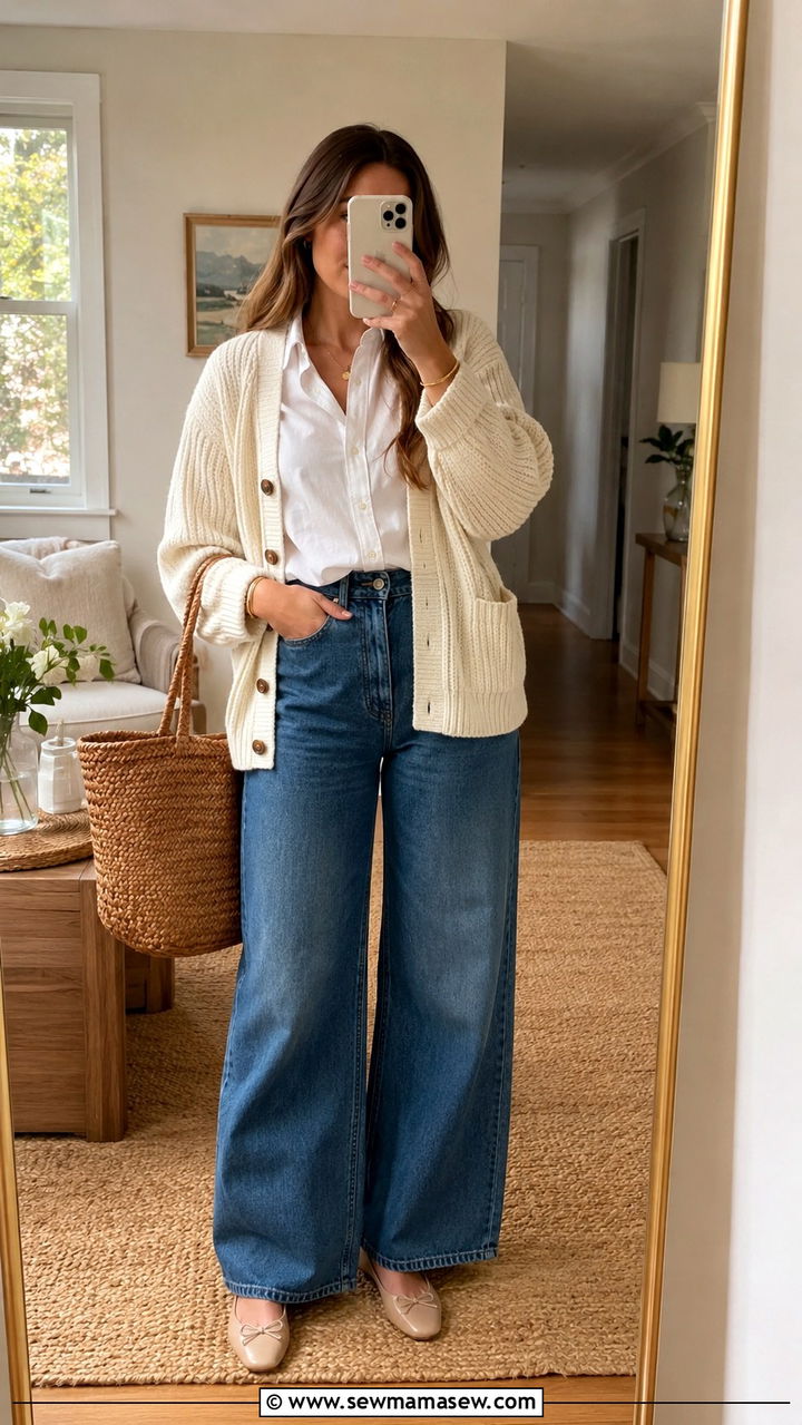 Button Down Shirt with Wide Leg Jeans and Cardigan - 25 Wide leg jeans outfit ideas with a button down