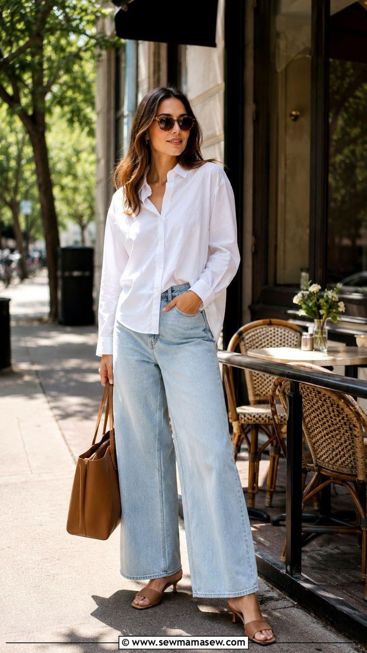 Button Down Shirt with Wide Leg Jeans and Mules - 30 Spring outfits with jeans