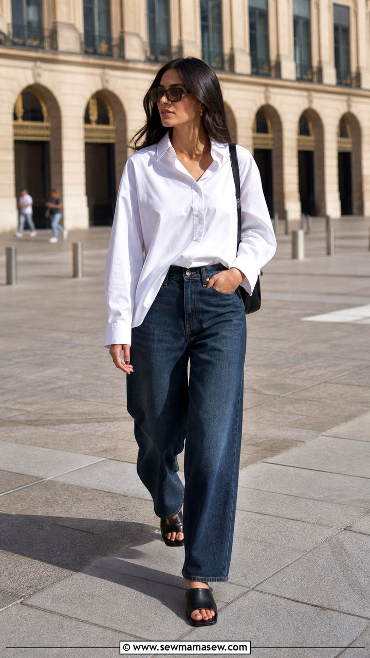 Button Down Shirt with Wide Leg Jeans and Mules - 40 casual jeans outfits