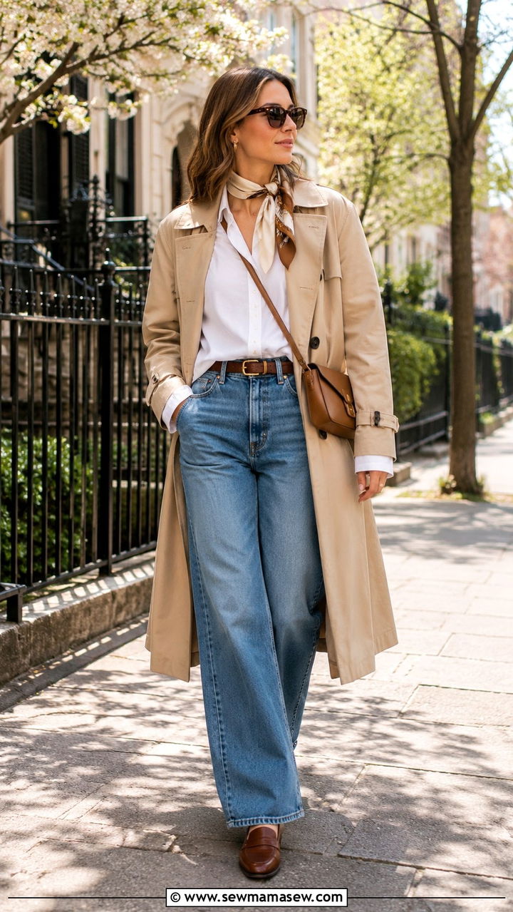 Button Down Shirt with Wide Leg Jeans and Trench Coat - 25 Wide leg jeans outfit ideas with a button down