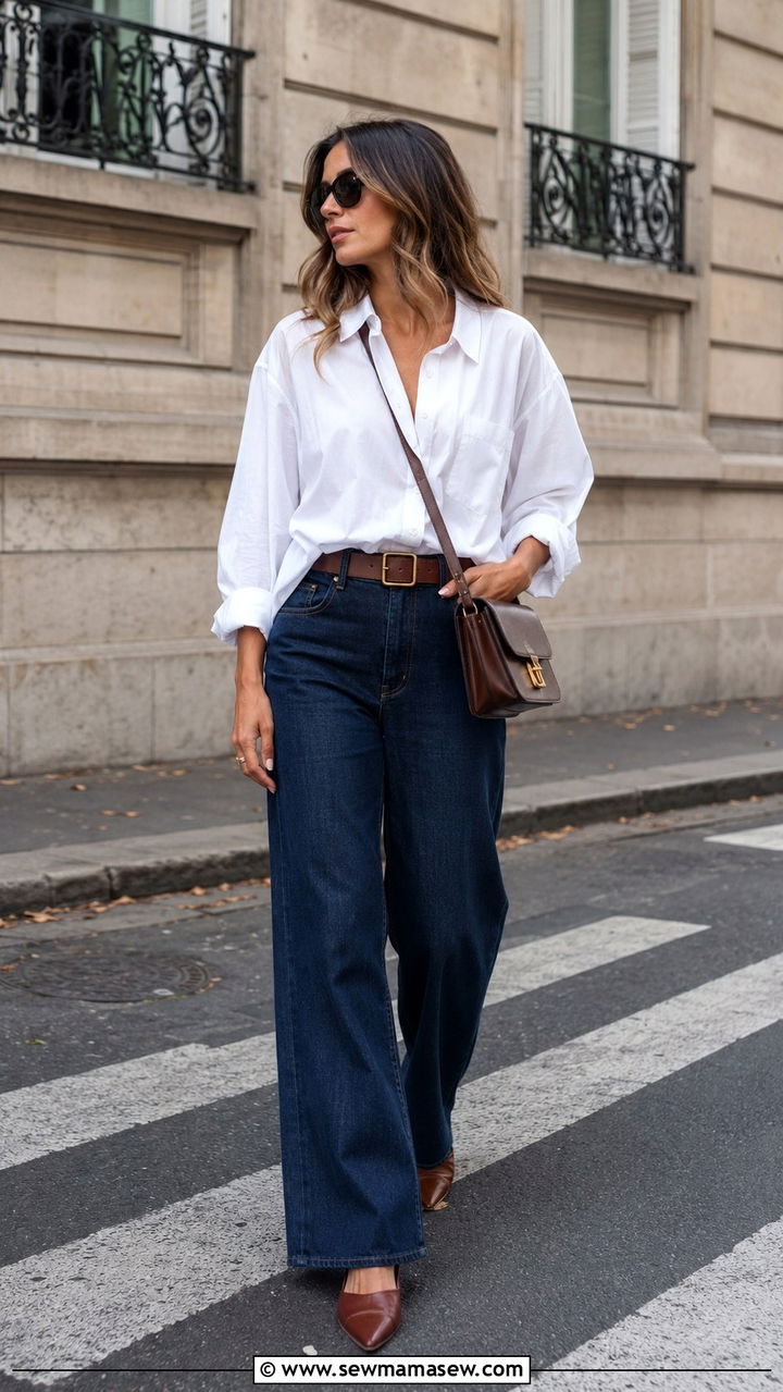 Button Down Shirt with Wide Leg Jeans - 30 cute wide leg jeans outfits