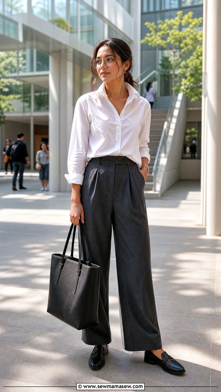 Button Down Shirt with Wide Leg Trousers and Loafers - 30 College campus outfit ideas 2026