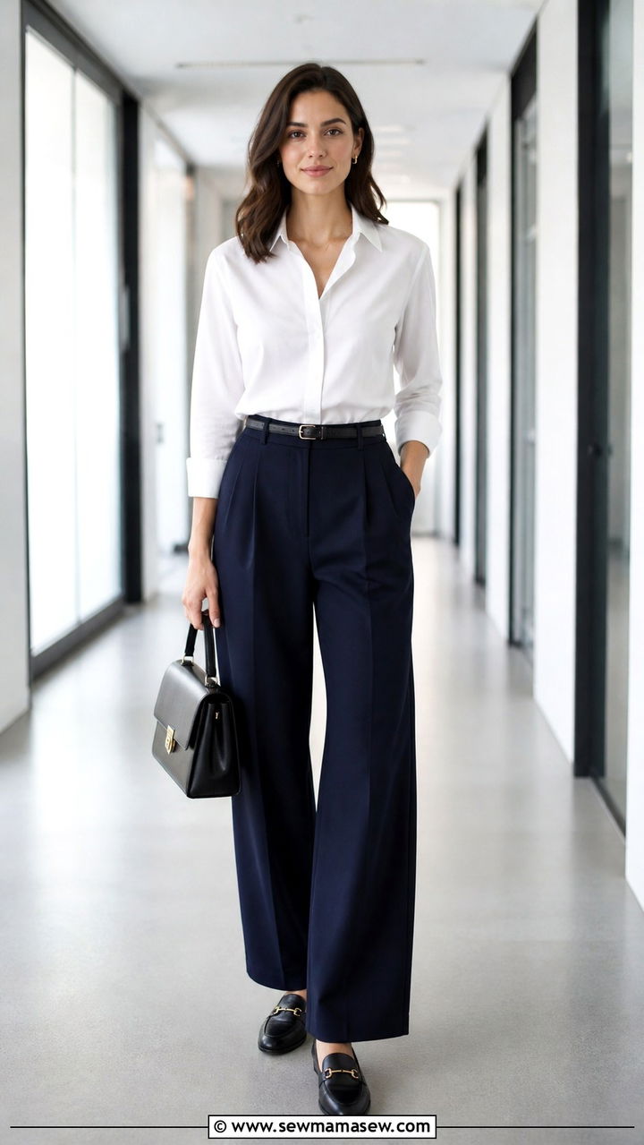 Button Down Shirt with Wide Leg Trousers and Loafers - 40 office outfits ideas