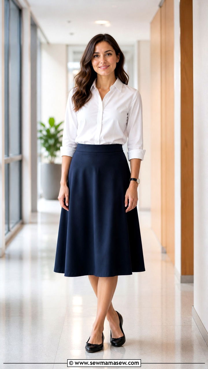 Button Down Shirt with a Midi Skirt and Ballet Flats - 40 Business casual outfit ideas for women