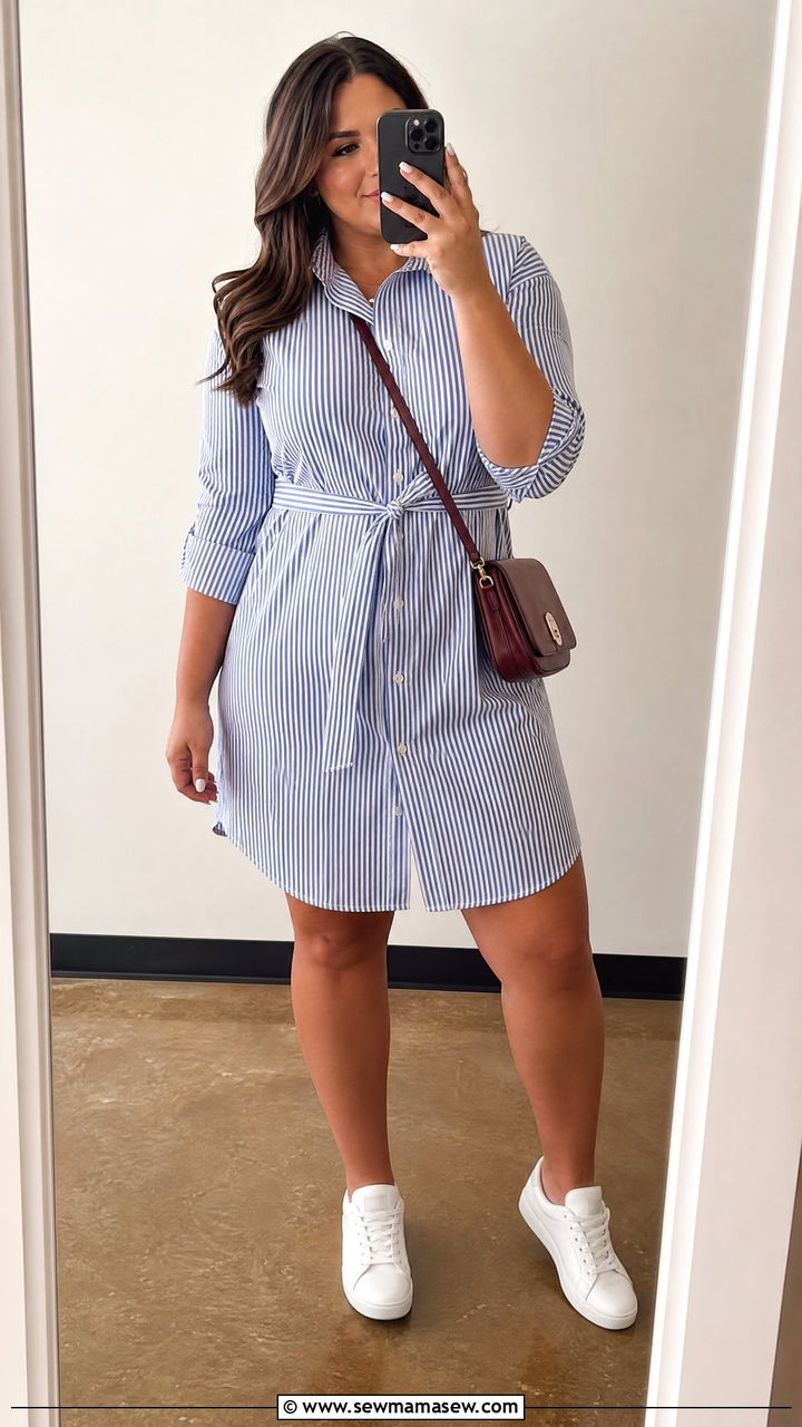 Button Down Shirtdress With Sneakers And Crossbody - 30 Football game outfit ideas plus size