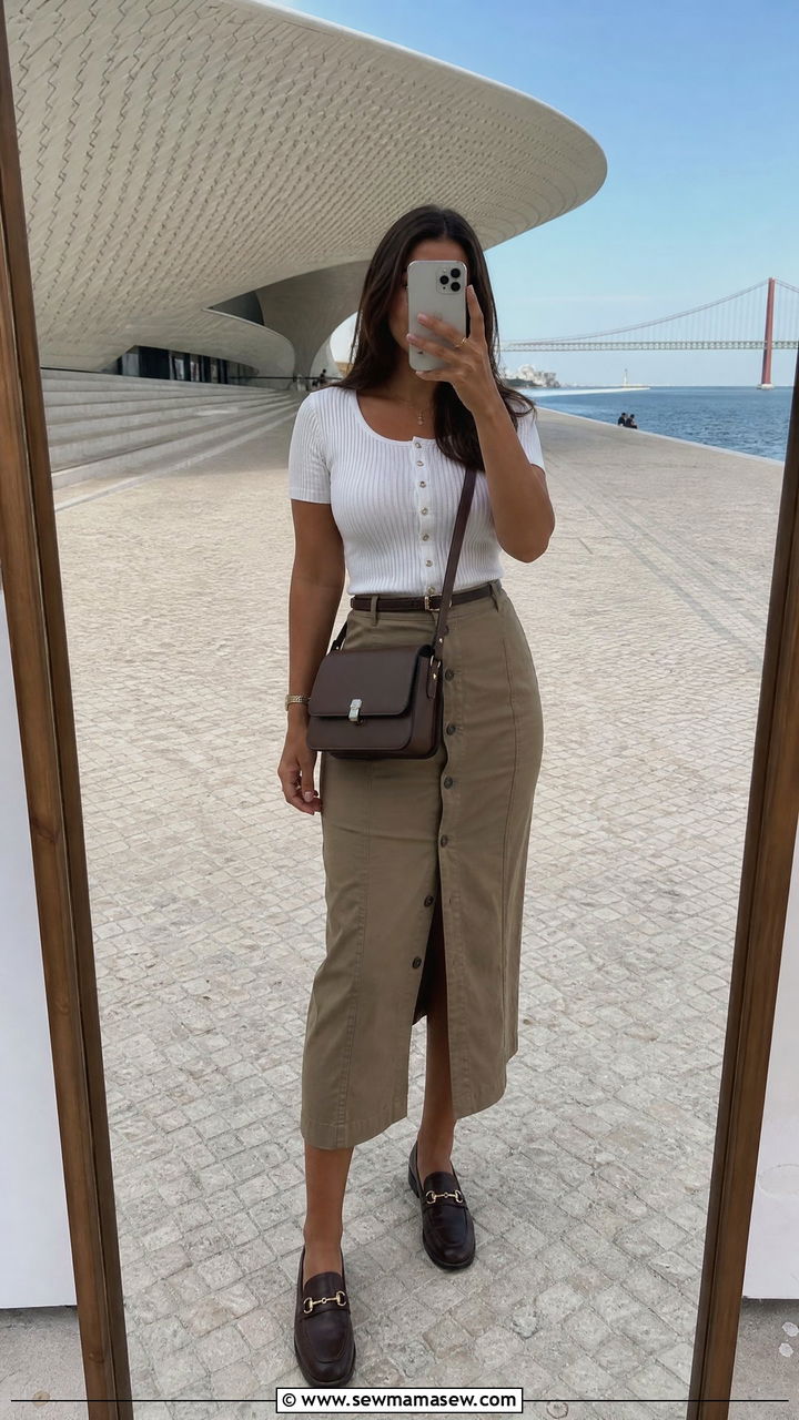 Button Down Skirt with Fitted Top and Loafers - 35 Lisbon vacation outfit ideas