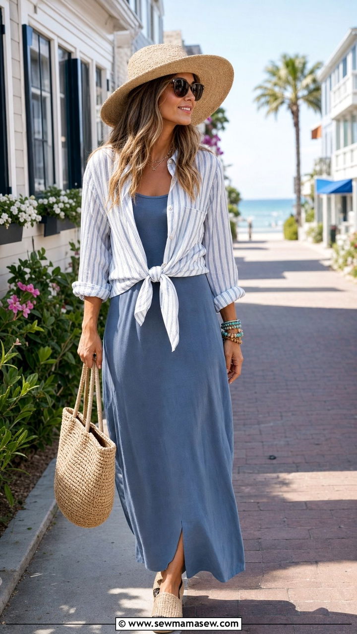 Button Down Tied at the Waist Over a Maxi Dress - 25 Summer layering outfits