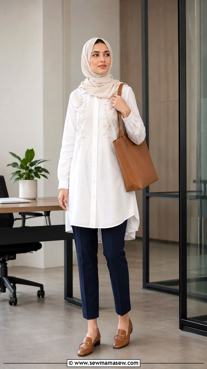 Button Down Tunic with Tailored Pants and Loafers - 25 work outfits for hijab women