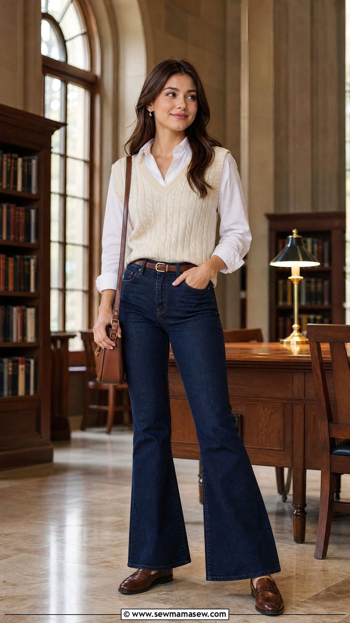 Button Down Under a Sweater Vest with Flare Jeans and Loafers - 30 Flare jeans outfit ideas with a button down