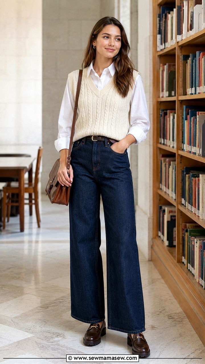 Button Down Under a Sweater Vest with Wide Leg Jeans - 25 Wide leg jeans outfit ideas with a button down