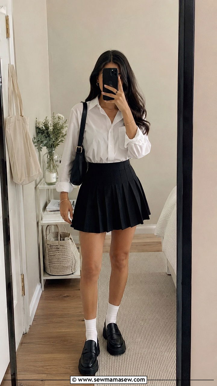 Button Down With Pleated Skirt And Chunky Loafers And Ankle Socks - 30 Pleated skirt outfit ideas with a button down