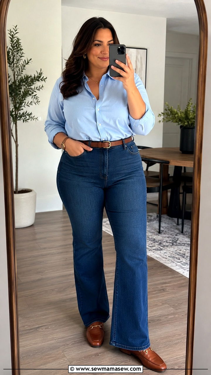 Button Down and High Waisted Jeans for Size 14 Hourglass - 25 Outfit ideas for size 14 hourglass