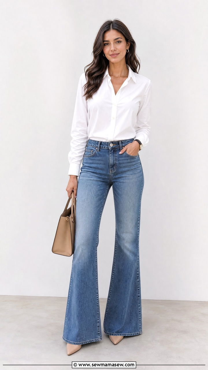 Button Down with Flare Jeans Minimal Jewelry and Neutral Accessories - 30 Flare jeans outfit ideas with a button down