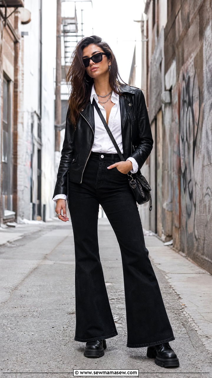 Button Down with Flare Jeans a Leather Jacket and Chunky Boots - 30 Flare jeans outfit ideas with a button down