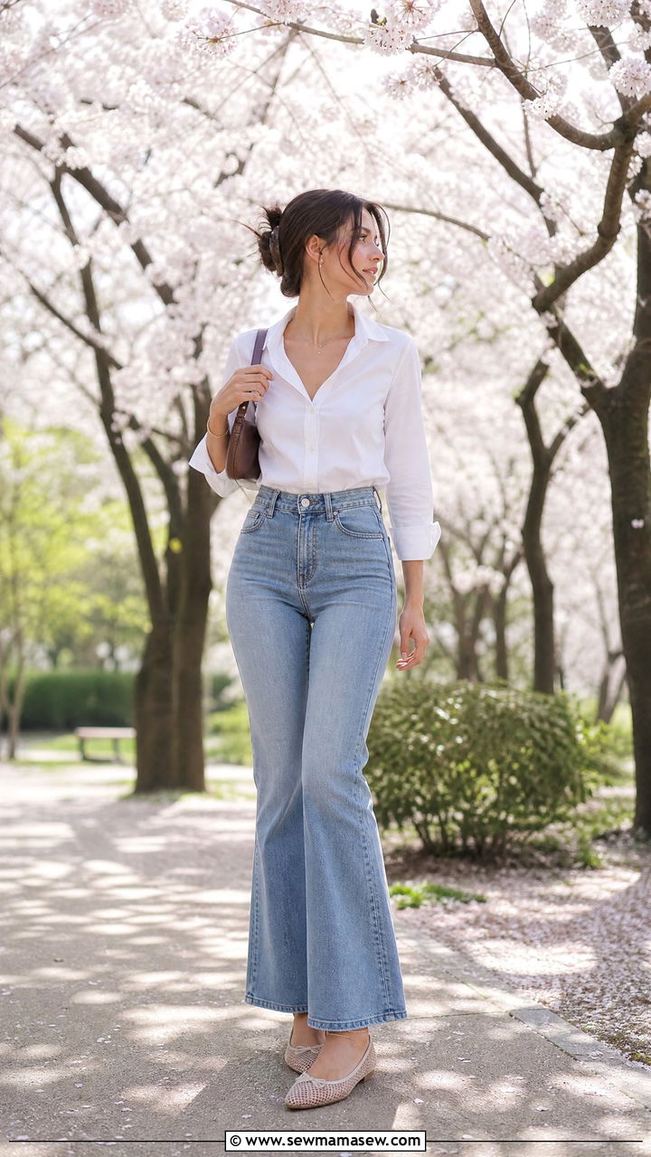 Button Down with Flare Jeans and Mesh Ballet Flats - 30 Flare jeans outfit ideas with a button down