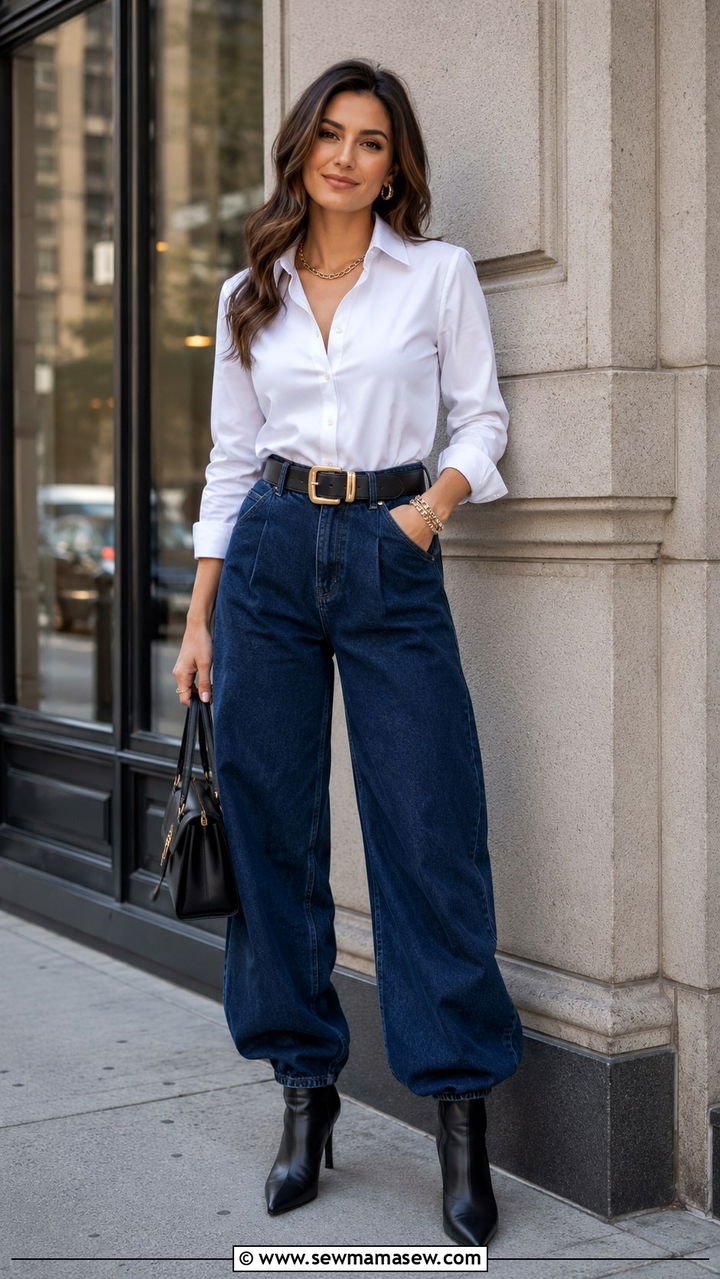 Button Down with High Waisted Balloon Jeans - 30 High waisted jeans outfit ideas with a button down
