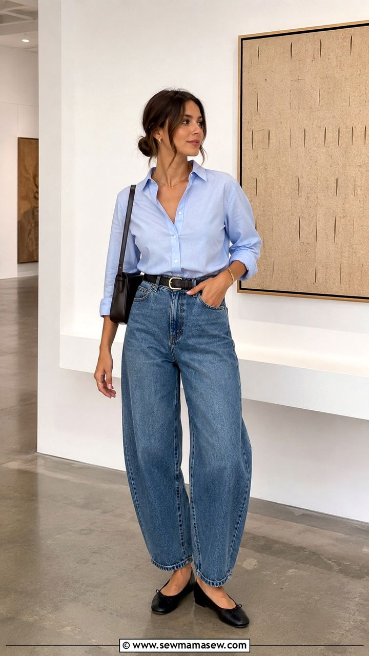 Button Down with High Waisted Barrel Jeans and Flats - 30 High waisted jeans outfit ideas with a button down