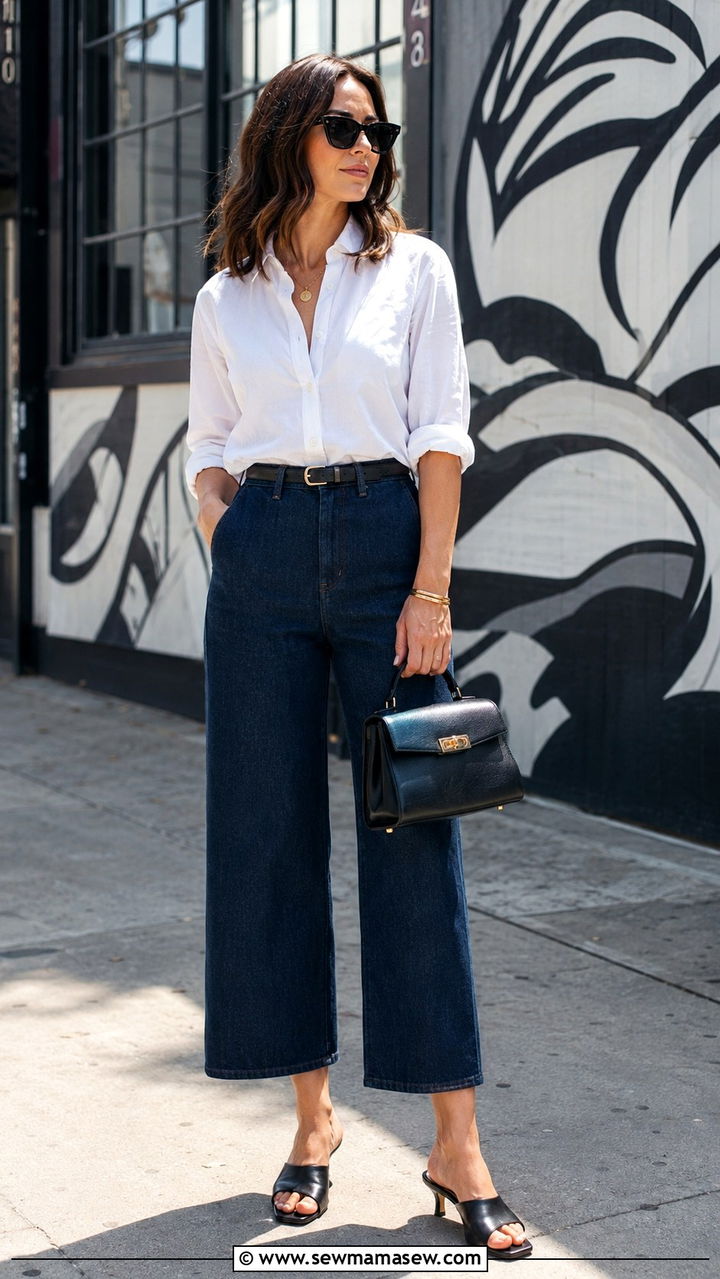 Button Down with High Waisted Cropped Wide Leg Jeans - 30 High waisted jeans outfit ideas with a button down