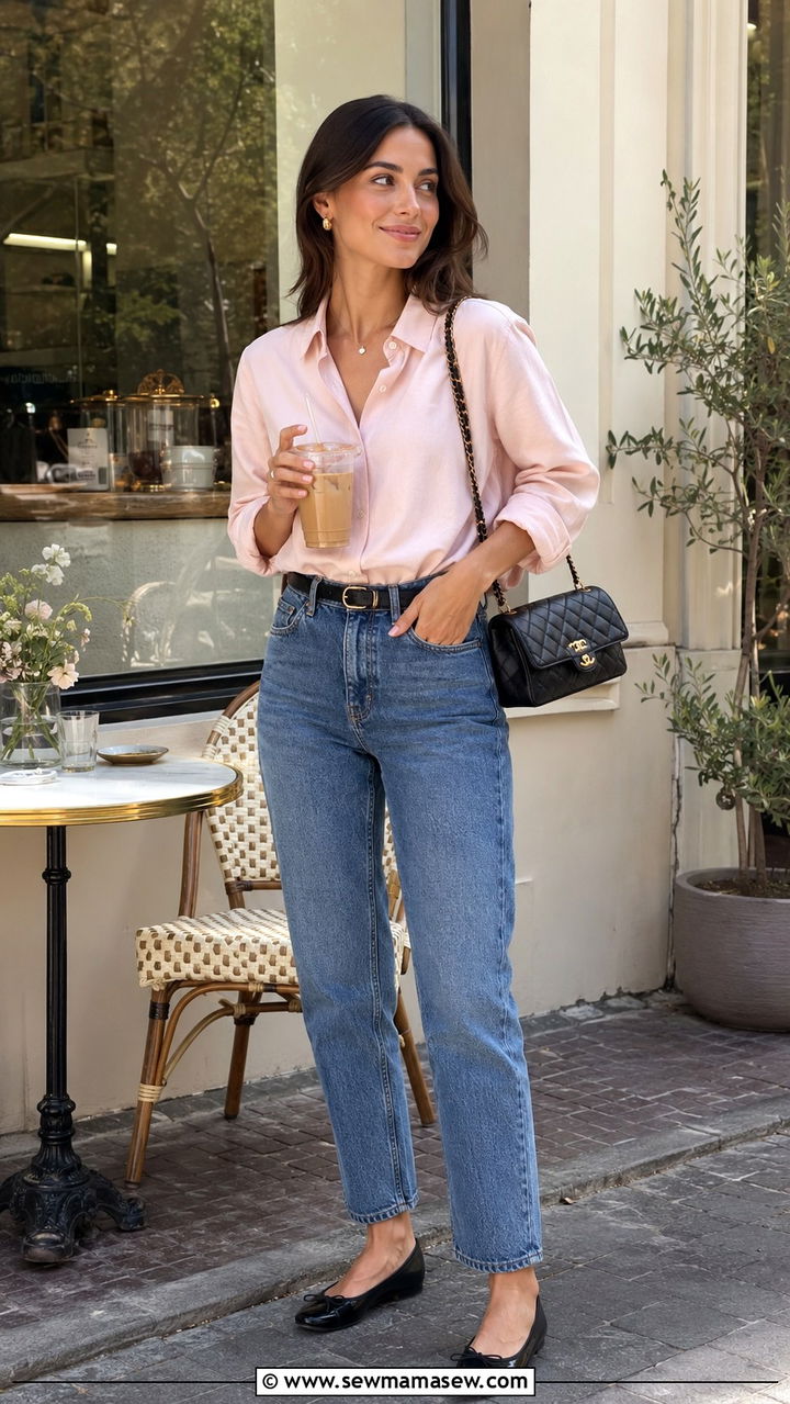 Button Down with High Waisted Jeans and Ballet Flats - 30 High waisted jeans outfit ideas with a button down