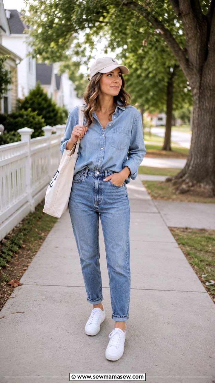 Button Down with High Waisted Mom Jeans and Sneakers - 30 High waisted jeans outfit ideas with a button down