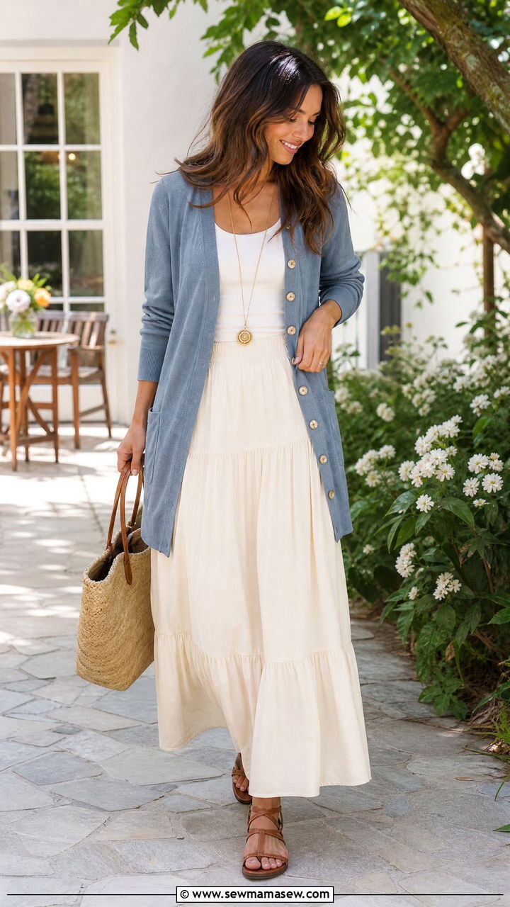 Button Front Cardigan With Maxi Skirt Spring Outfit - 25 How to style a cardigan in spring