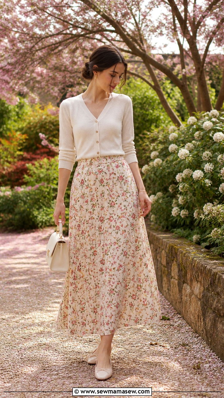 Button Front Cardigan and Floral Print Maxi Skirt - 40 cute maxi skirt outfits
