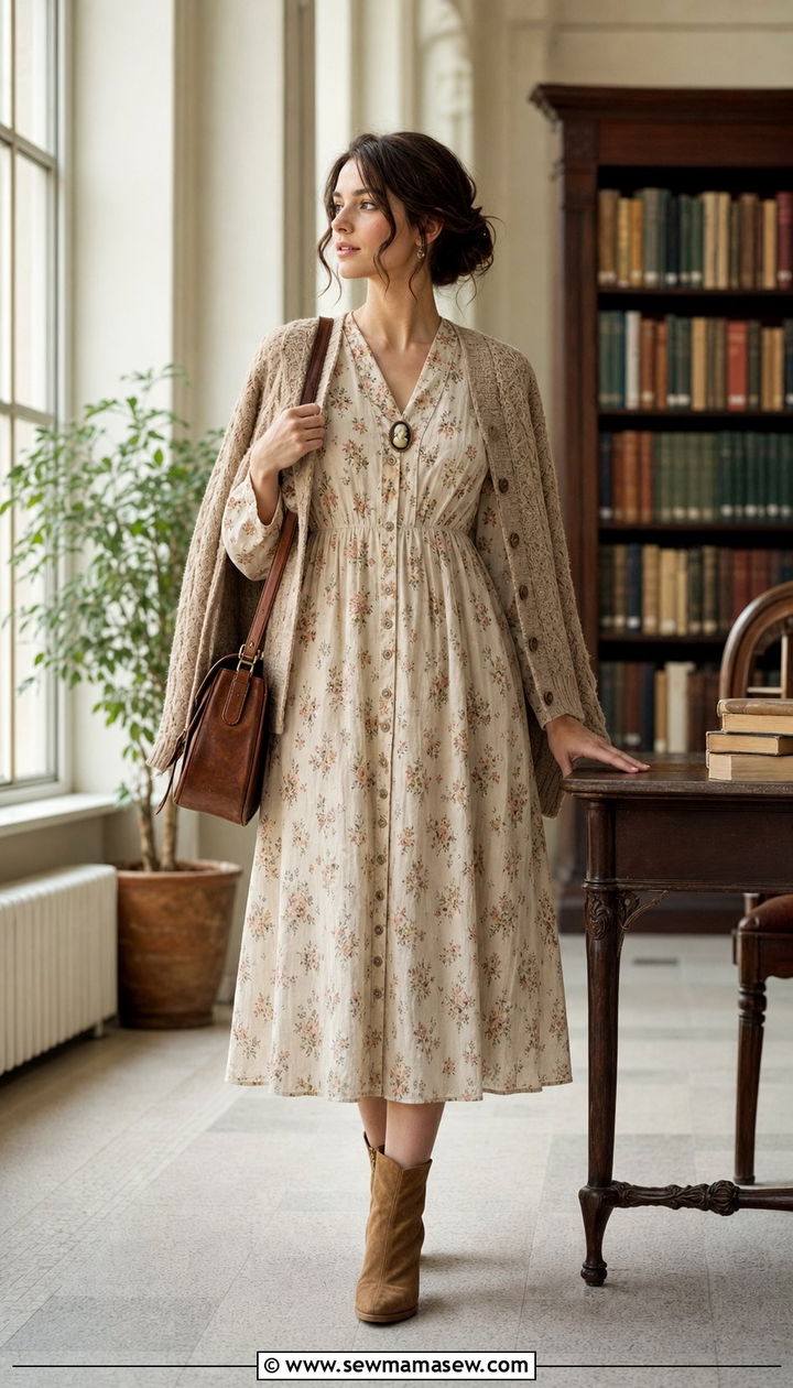 Button Front Cotton Dress with Vintage Brooch - 25 cottagecore capsule wardrobe outfits