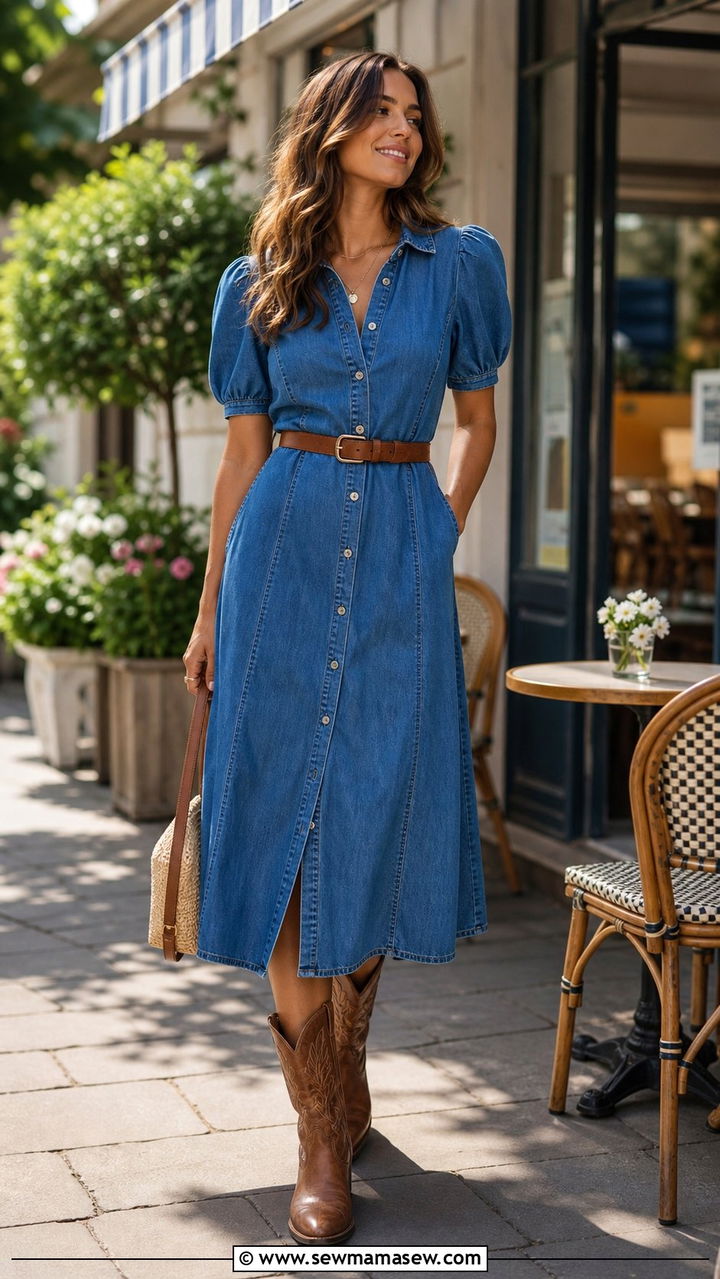 Button Front Denim Midi Dress With Brown Boots - 25 Spring western outfits 2026