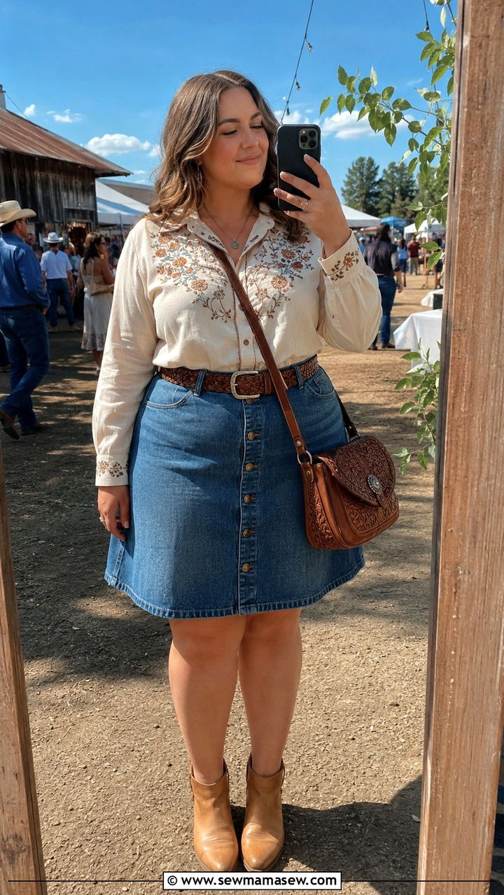 Button Front Denim Skirt With Western Blouse - 25 Western outfit ideas plus size