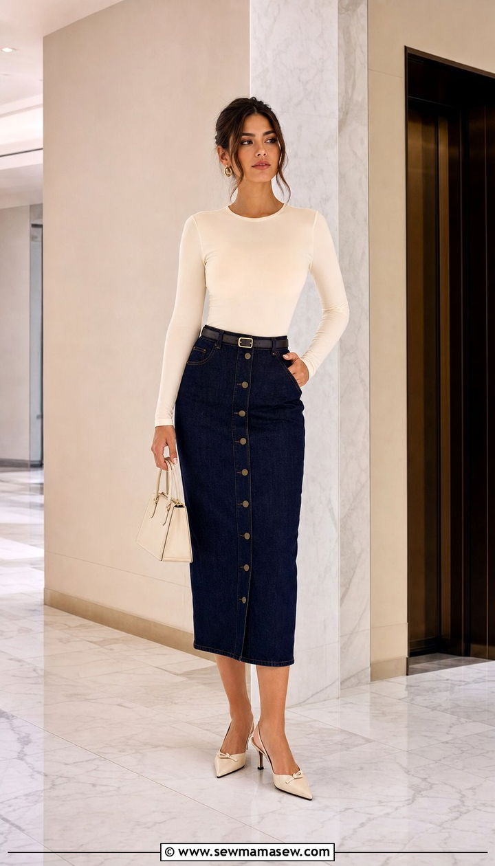 Button Front Denim Skirt with Bodysuit and Kitten Heels - 25 denim skirt outfits 2026