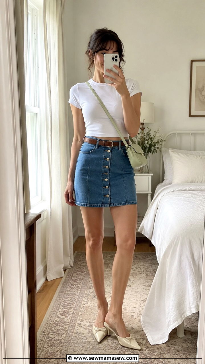 Button Front Denim Skirt with Kitten Heels - 30 Denim skirt outfit ideas with heels