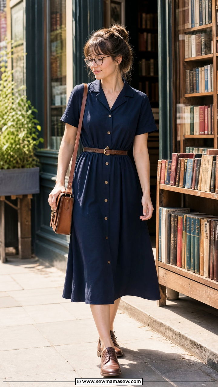 Button Front Dress and Oxfords Outfit - 25 librarian core outfits inspo