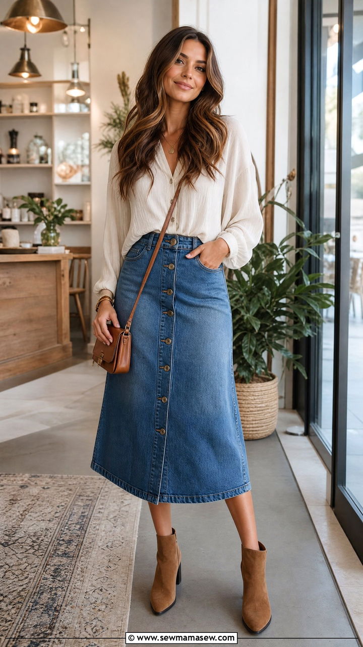 Button Front Midi Denim Skirt with Blouse and Ankle Boots - 25 how to style denim skirt outfits