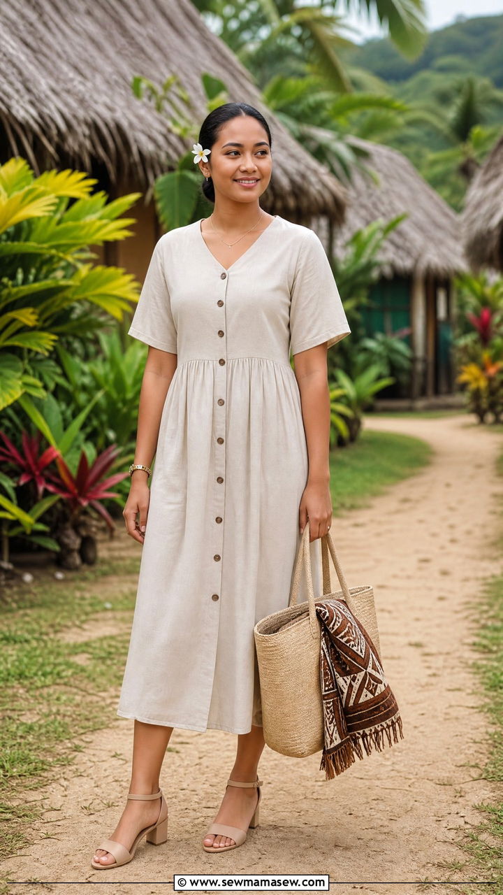 Button Front Midi Dress With Block Heels Fiji Village Outfit - 25 Fiji outfit ideas