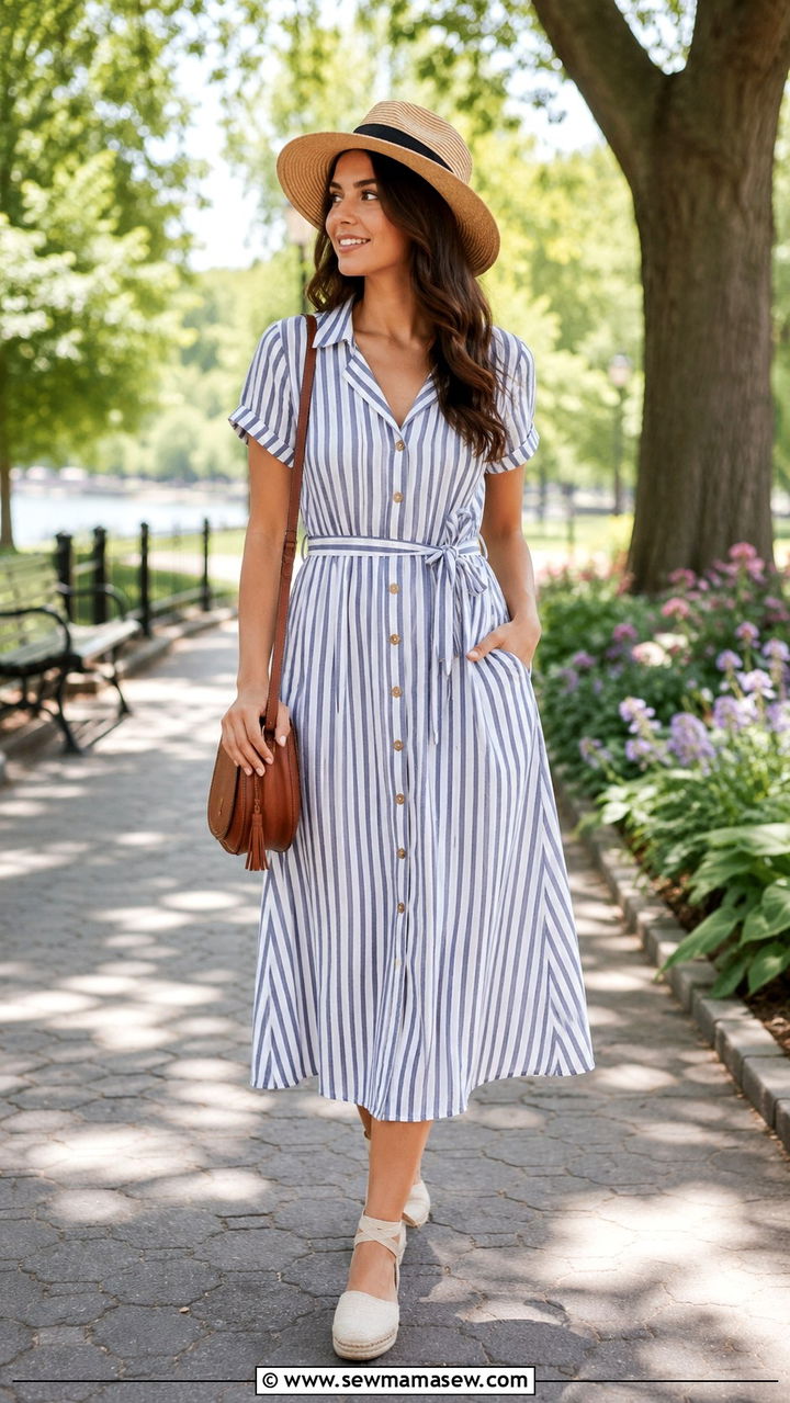 Button Front Midi Dress With Espadrilles - 30 Modest summer outfit ideas