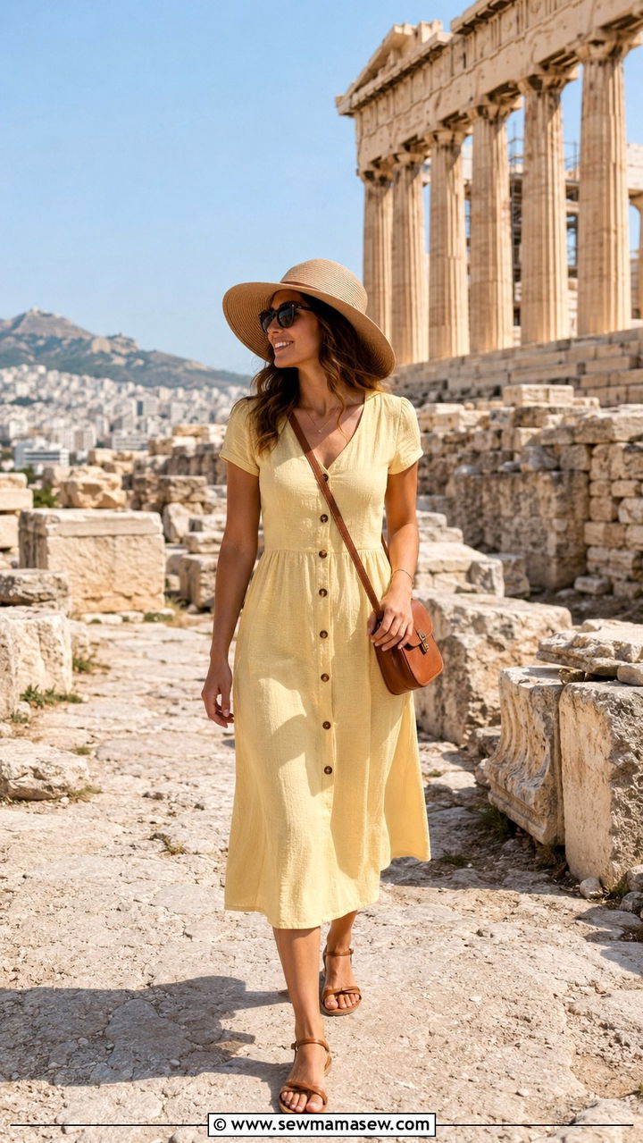 Button Front Midi Dress With Flat Walking Sandals - 30 Greek vacation outfit ideas 2026