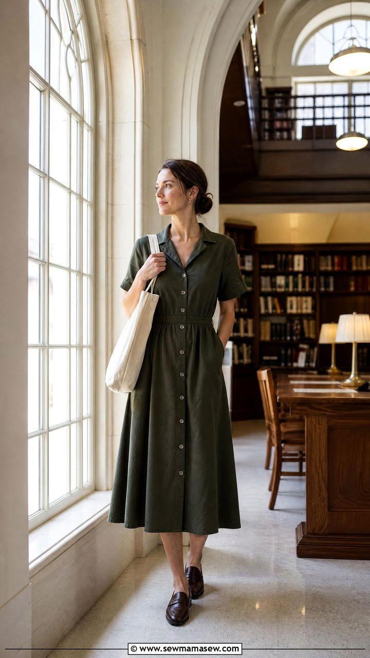 Button Front Midi Dress With Loafers - 35 librarian core outfits