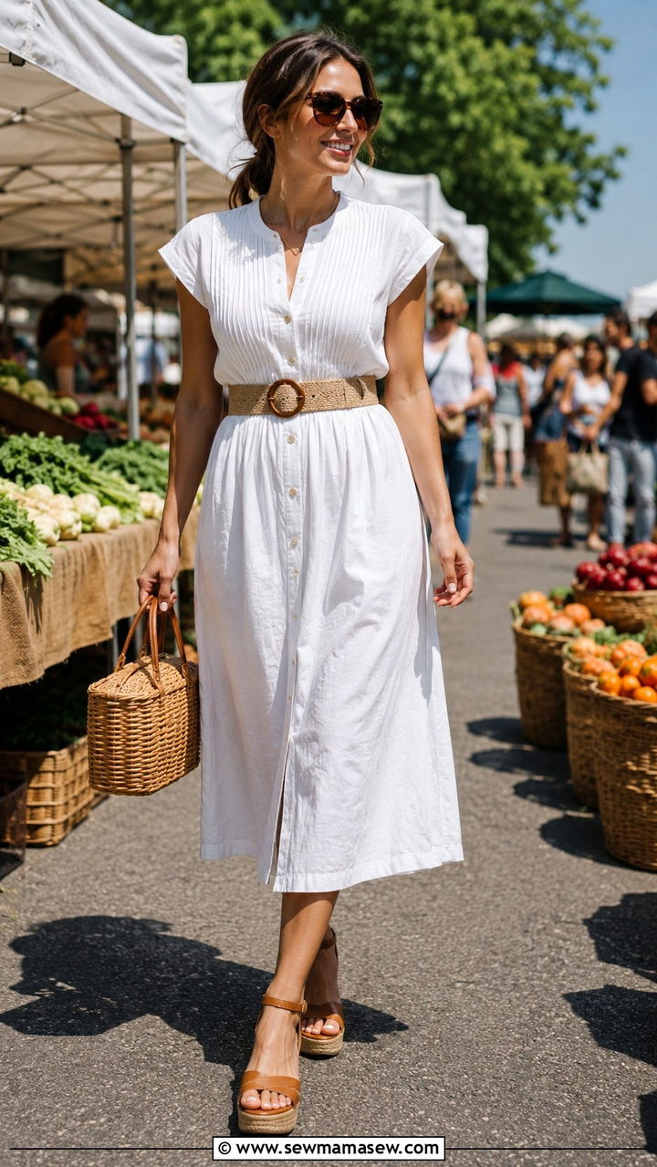 Button Front Midi Dress With Platform Sandals Outfit - 25 70s outfit ideas 2026