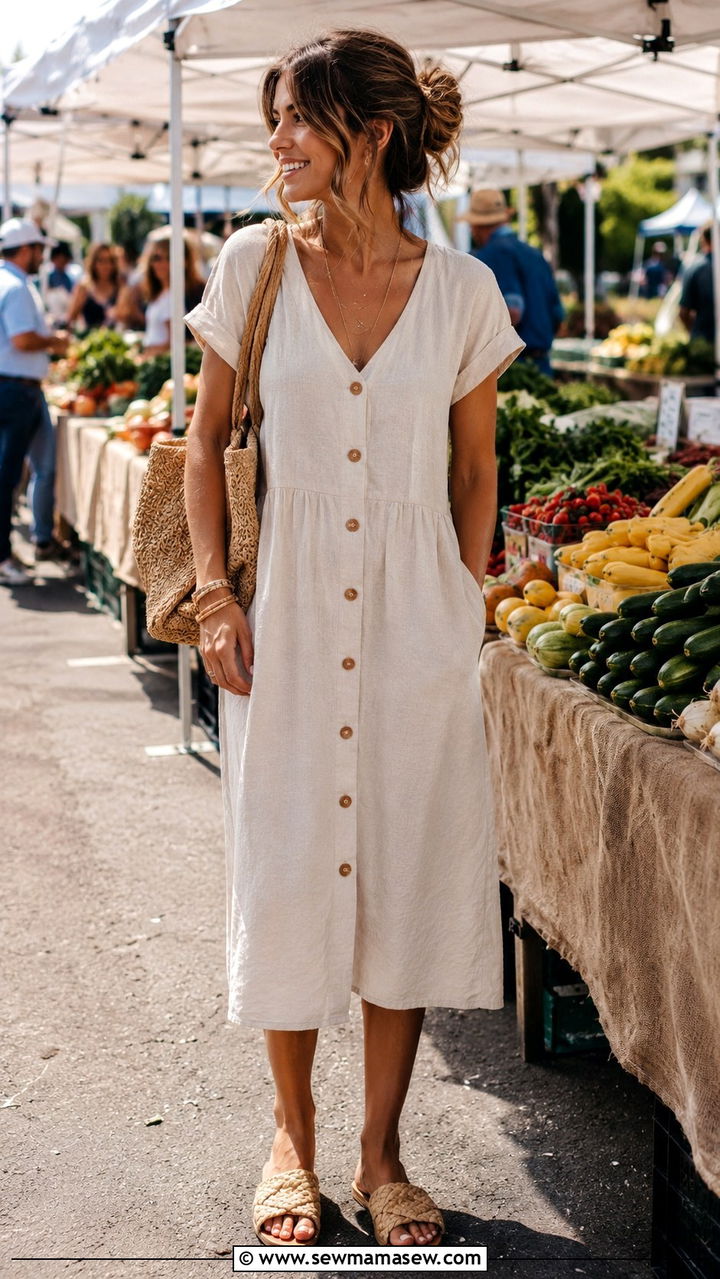Button Front Midi Dress With Slide Sandals - 30 Midi dress with sandals outfit ideas