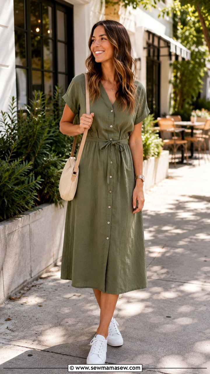 Button Front Midi Dress With White Sneakers - 30 Midi dress for brunch outfit ideas