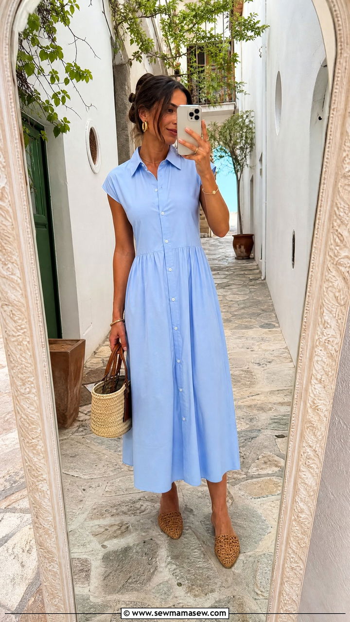 Button Front Midi Dress With Woven Mules - 40 What to wear in Positano