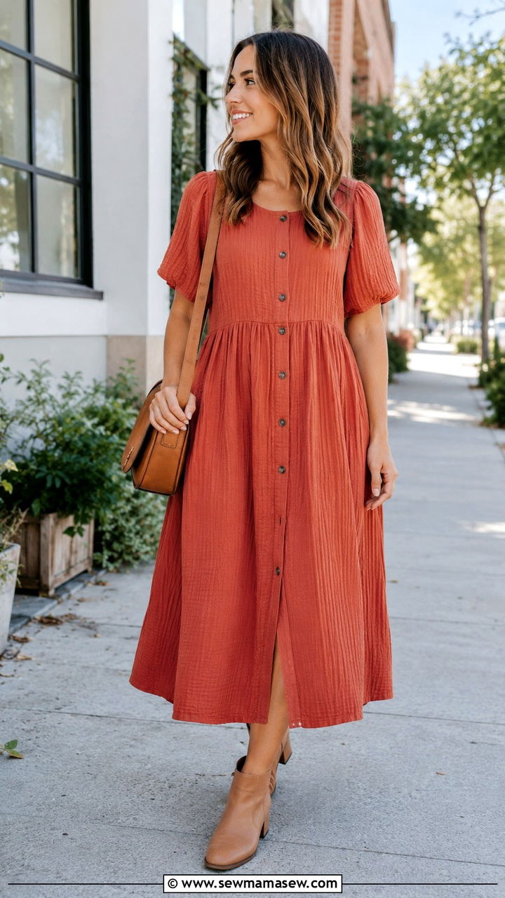 Button Front Midi Dress with Ankle Boots - 25 Postpartum outfit ideas 2026