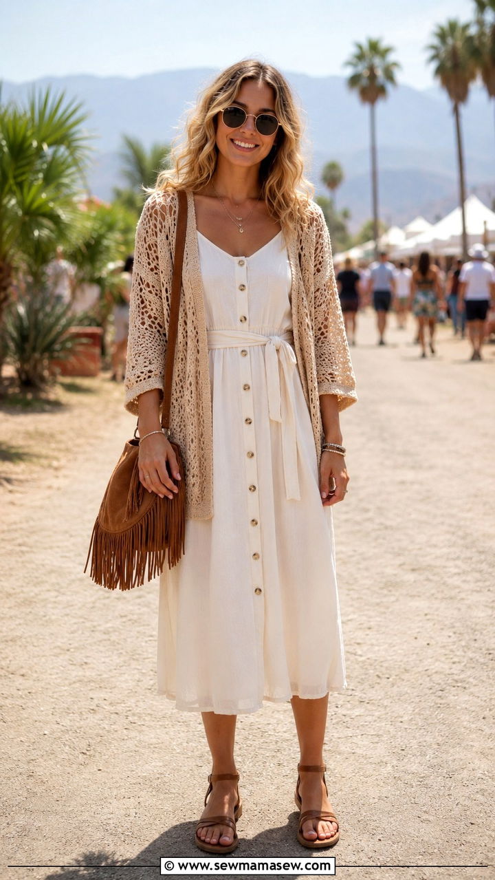 Button Front Midi Dress with Crochet Cardigan - 30 Midi dress with cardigan outfit ideas